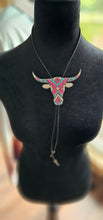 Load image into Gallery viewer, Turquoise Pink Aztec Longhorn 3D Inlay Bolo Tie Necklace Made in America