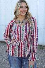 Load image into Gallery viewer, Multicolour Western Print Split Neck Peplum Blouse