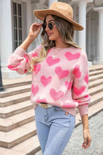 Load image into Gallery viewer, Round Neck Dropped Shoulder Sweater with Heart Pattern