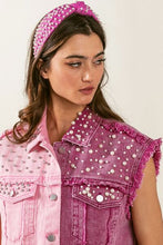 Load image into Gallery viewer, BiBi Pearl & Rhinestone  Decor Contrast Raw Hem Vest Coat