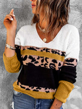 Load image into Gallery viewer, Leopard Color Block V-Neck Rib-Knit Sweater