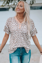 Load image into Gallery viewer, Leopard Buttoned Short Flounce Sleeve T-Shirt