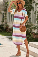 Load image into Gallery viewer, Striped V-Neck Curved Hem Midi Dress