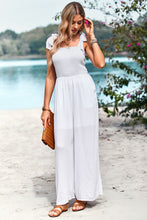 Load image into Gallery viewer, Frill Trim Tie Shoulder Wide Leg Jumpsuit with Pockets