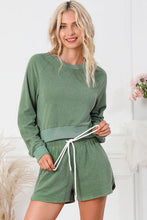 Load image into Gallery viewer, Round Neck Long Sleeve Top and Drawstring Shorts Lounge Set