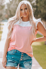 Load image into Gallery viewer, Striped Lace Trim Flutter Sleeve Top