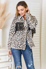 Load image into Gallery viewer, Double Take Leopard Fringe Detail Collared Neck Denim Jacket