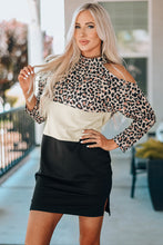 Load image into Gallery viewer, Leopard Color Block Cold-Shoulder Side Slit Dress