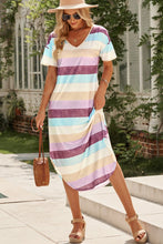 Load image into Gallery viewer, Striped V-Neck Curved Hem Midi Dress