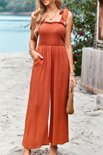 Load image into Gallery viewer, Frill Trim Tie Shoulder Wide Leg Jumpsuit with Pockets
