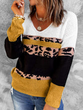 Load image into Gallery viewer, Leopard Color Block V-Neck Rib-Knit Sweater