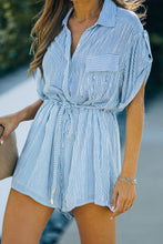 Load image into Gallery viewer, Striped Collared Neck Belted Romper