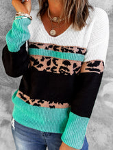 Load image into Gallery viewer, Leopard Color Block V-Neck Rib-Knit Sweater