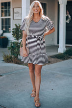 Load image into Gallery viewer, Striped Tie-Waist Frill Trim V-Neck Dress