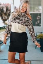 Load image into Gallery viewer, Leopard Color Block Cold-Shoulder Side Slit Dress