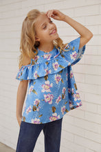 Load image into Gallery viewer, Girls Floral Cold-Shoulder Ruffled Top