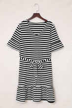Load image into Gallery viewer, Striped Tie-Waist Frill Trim V-Neck Dress