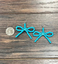 Load image into Gallery viewer, Faux 4mm Turquoise Bow Earrings
