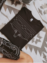 Load image into Gallery viewer, Western Longhorn Boot Stitch (DTF PRINT) Line Art Mommy &amp; Me Kids–Adult Gildan Black Shirt – Graphic Tee, Long Sleeve &amp; Crewneck.
