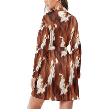 Load image into Gallery viewer, Brown Cow Print Women's Long Sleeve Belted Satin Feel Dressing Lounge Robe
