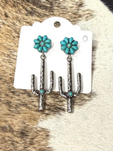 Load image into Gallery viewer, Faux Turquoise Cactus Dangle Earrings – Silver Western Desert Statement Earrings
