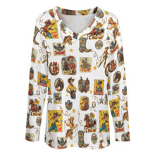 Load image into Gallery viewer, Baha Ranch Vintage Cowgirl Collage Western Print Long Sleeve Top
