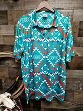 Load image into Gallery viewer, Baha Ranch Teal Aztec Polo Style Short Sleeve Shirt
