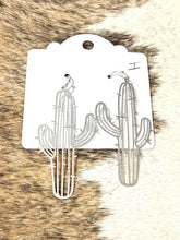 Load image into Gallery viewer, Silver Saguaro Cactus Dangle Earrings – Western Desert Boho Statement Earrings
