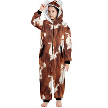 Load image into Gallery viewer, Big Kids Cow Print Pajama Hooded Onesie
