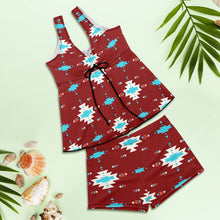 Load image into Gallery viewer, Burgandy Aztec Tankini &amp; Boy Shorts Swim Set

