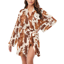 Load image into Gallery viewer, Light Brown Cow Print Women&#39;s Long Sleeve Belted Satin Feel Dressing Lounge Robe
