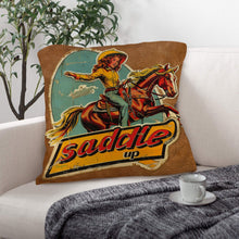 Load image into Gallery viewer, Saddle Up Vintage Cowgirl Throw Pillow Case 18x18inch Made in America
