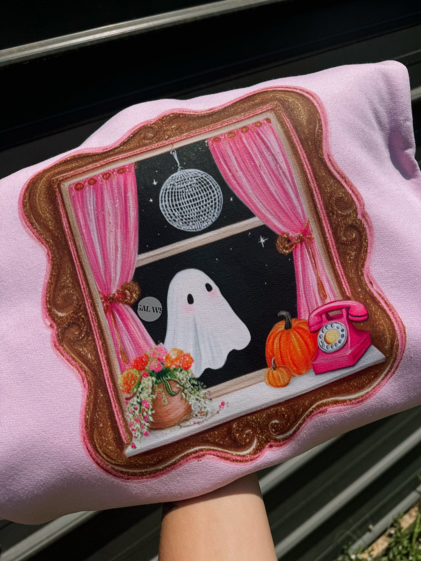 Spooky window ghost with disco ball tee or sweatshirt