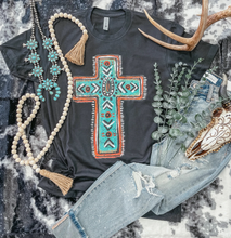 Load image into Gallery viewer, Turquoise Aztec Cross Western Faith Shirt – Graphic Tee, Long Sleeve &amp; Crewneck.
