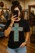 Load image into Gallery viewer, Turquoise Aztec Cross Western Faith Shirt – Graphic Tee, Long Sleeve &amp; Crewneck.
