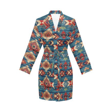 Load image into Gallery viewer, Blue Aztec Women's Long Sleeve Belted Satin Feel Dressing Lounge Robe
