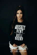 Load image into Gallery viewer, Whiskey Bent &amp; Hell Bound Graphic on Gildan Black Shirt – Graphic Tee, Long Sleeve &amp; Crewneck.
