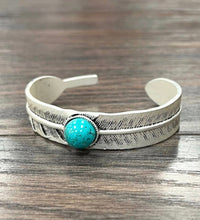 Load image into Gallery viewer, Feather Faux Turquoise Cuff Bracelet
