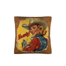 Load image into Gallery viewer, Vintage Cowgirl Howdy Throw Pillow 18 x 18 Made in America
