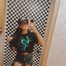 Load image into Gallery viewer, Turquoise Western Snake Graphic Shirt on Gildan Softstyle Black Shirt – Graphic Tee, Long Sleeve &amp; Crewneck.
