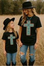 Load image into Gallery viewer, Turquoise Aztec Cross Mommy &amp; Me Kids–Adult Gildan Black Shirt – Graphic Tee, Long Sleeve &amp; Crewneck.
