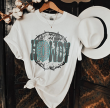 Load image into Gallery viewer, Howdy Turquoise Concho Graphic on Gildan Softstyle White Shirt – Graphic Tee, Long Sleeve &amp; Crewneck.
