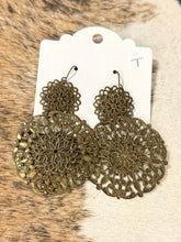 Load image into Gallery viewer, Antique Gold Filigree Lace Dangle Earrings – Boho Western Statement Earrings
