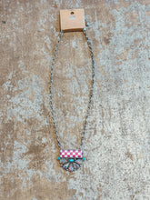 Load image into Gallery viewer, Pink Checkered Crystal Fan Pendant Necklace – Turquoise Accent Western Glam Necklace
