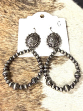 Load image into Gallery viewer, Faux Navajo Pearl Beaded Hoop Earrings with Silver Concho – Western Cowgirl Statement Earrings
