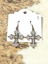 Load image into Gallery viewer, Rhinestone Cross Dangle Earrings – Silver Western Bling Cross Earrings
