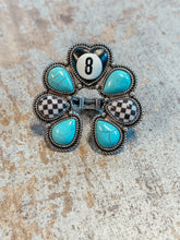 Load image into Gallery viewer, Turquoise &amp; Checkered 8 Ball Flower Statement Ring – Adjustable Western Ring
