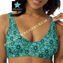 Load image into Gallery viewer, Yeehaw Turquoise Floral Leather Print Bikini Top Size Small Ready to ship
