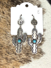 Load image into Gallery viewer, Faux Turquoise Stamped Cactus Dangle Earrings – Silver Western Desert Earrings
