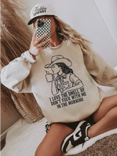 Load image into Gallery viewer, Don’t F*ck With Me In The Morning Cowgirl Coffee Gildan Sand Shirt – Graphic Tee, Long Sleeve &amp; Crewneck.
